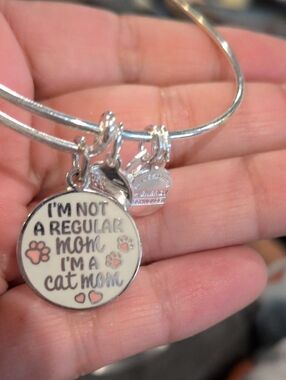 Alex and Ani Silver Cat Mom Charm Bracelet with White and Pink Accents